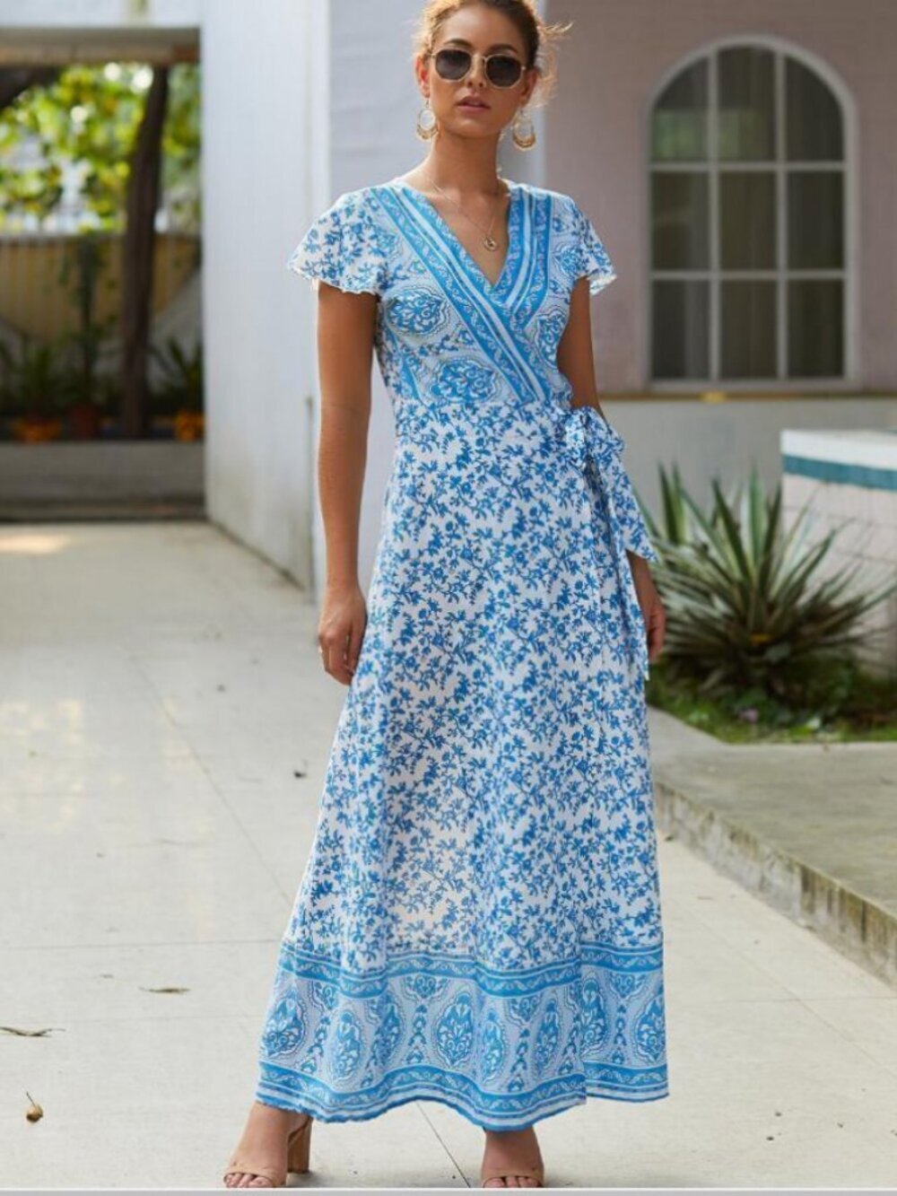 Unbranded Blue Floral Wrap Maxi Dress - Women medium boho style